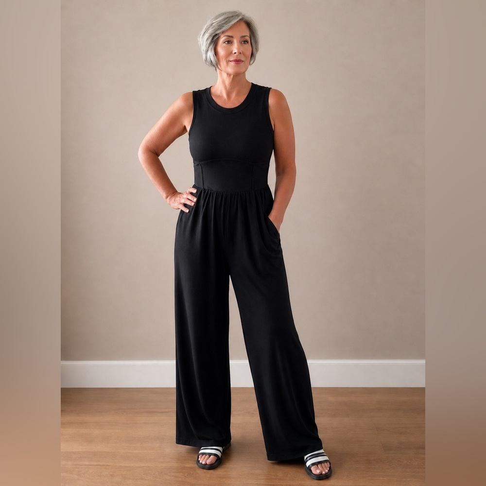 Black Athleisure Wide Leg Jumpsuit Ribbed Sleeveless Stretch Waist Flowy Pants M
